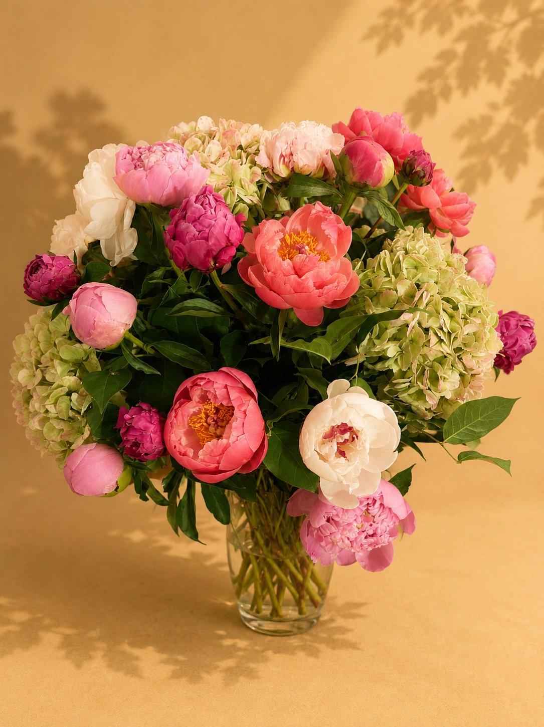 Pink and white peony and hydrangea vase arrangement