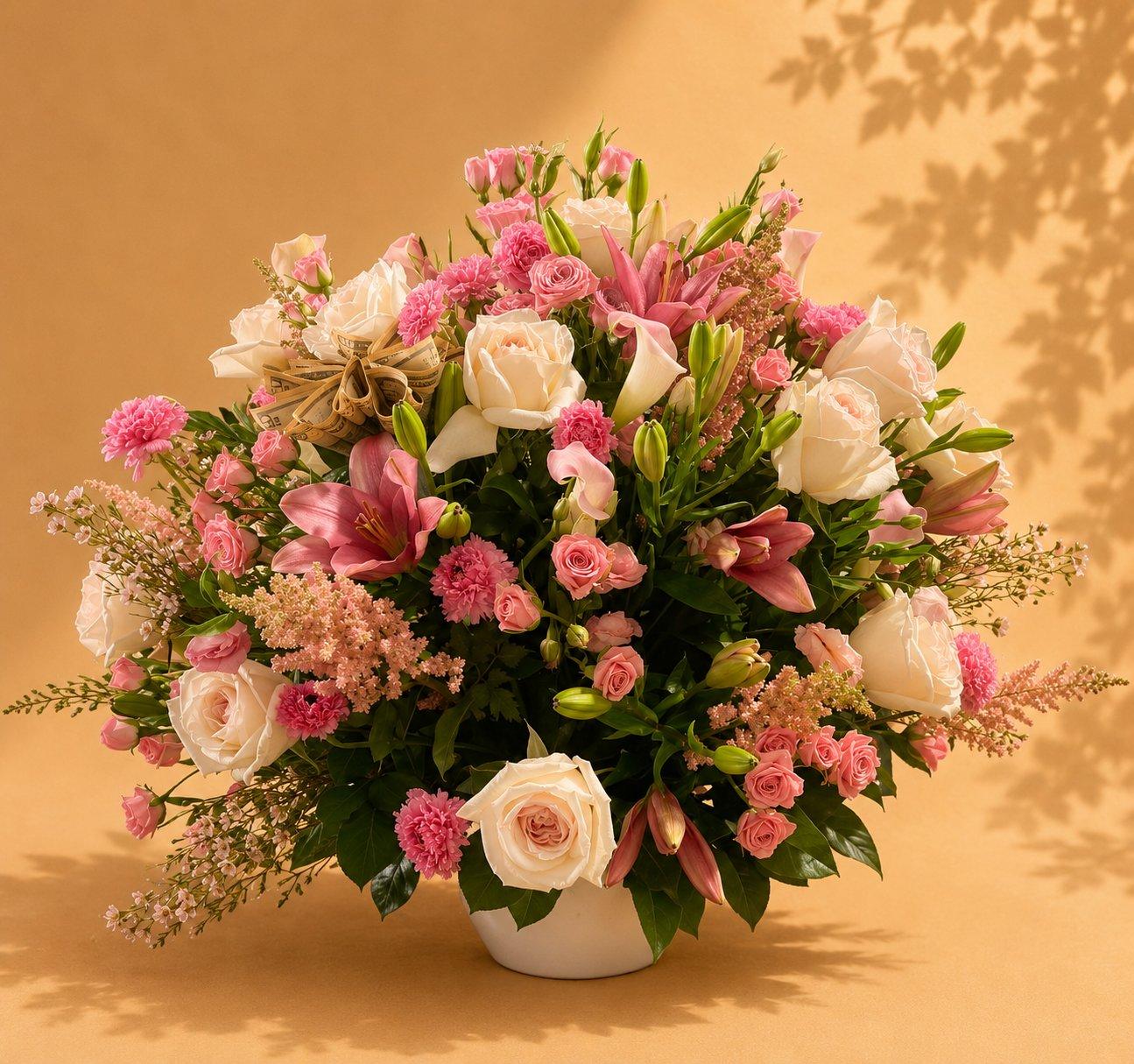 Pink and white rose and lisianthus arrangement in a white vase