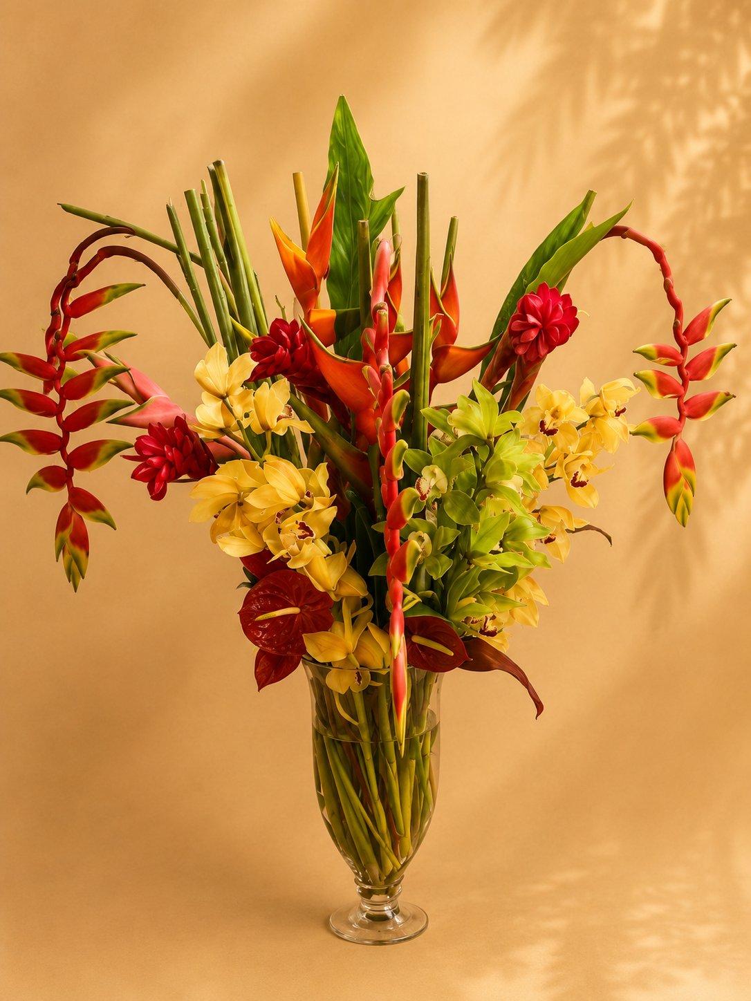 Tall tropical heliconia and orchid arrangement