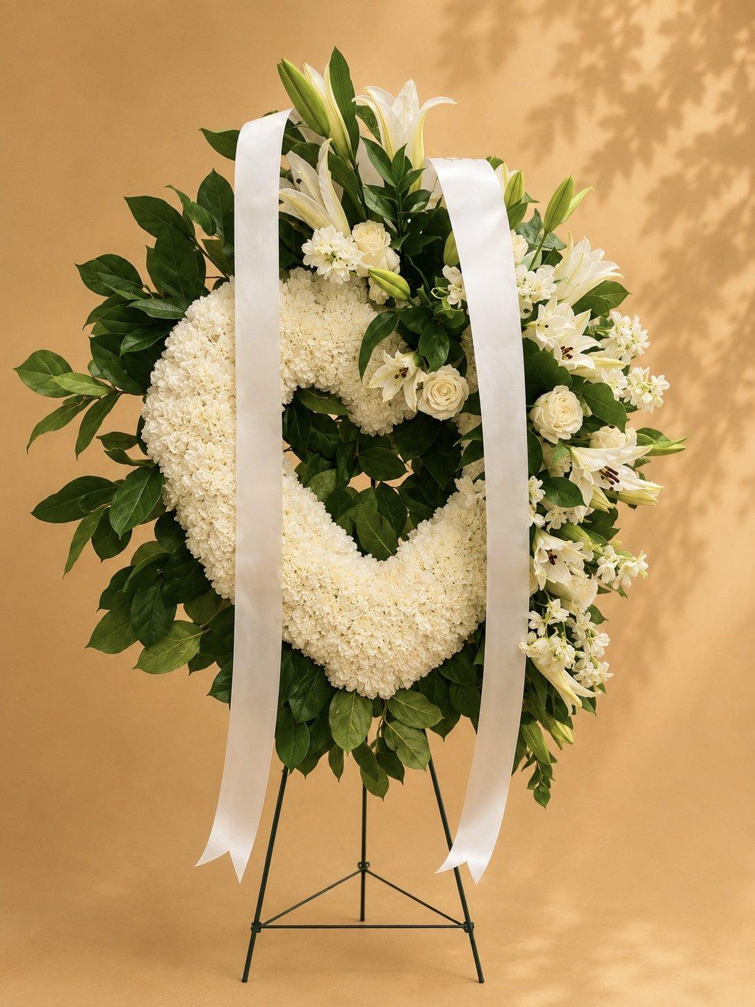 White heart-shaped sympathy wreath with white ribbon on an easel stand