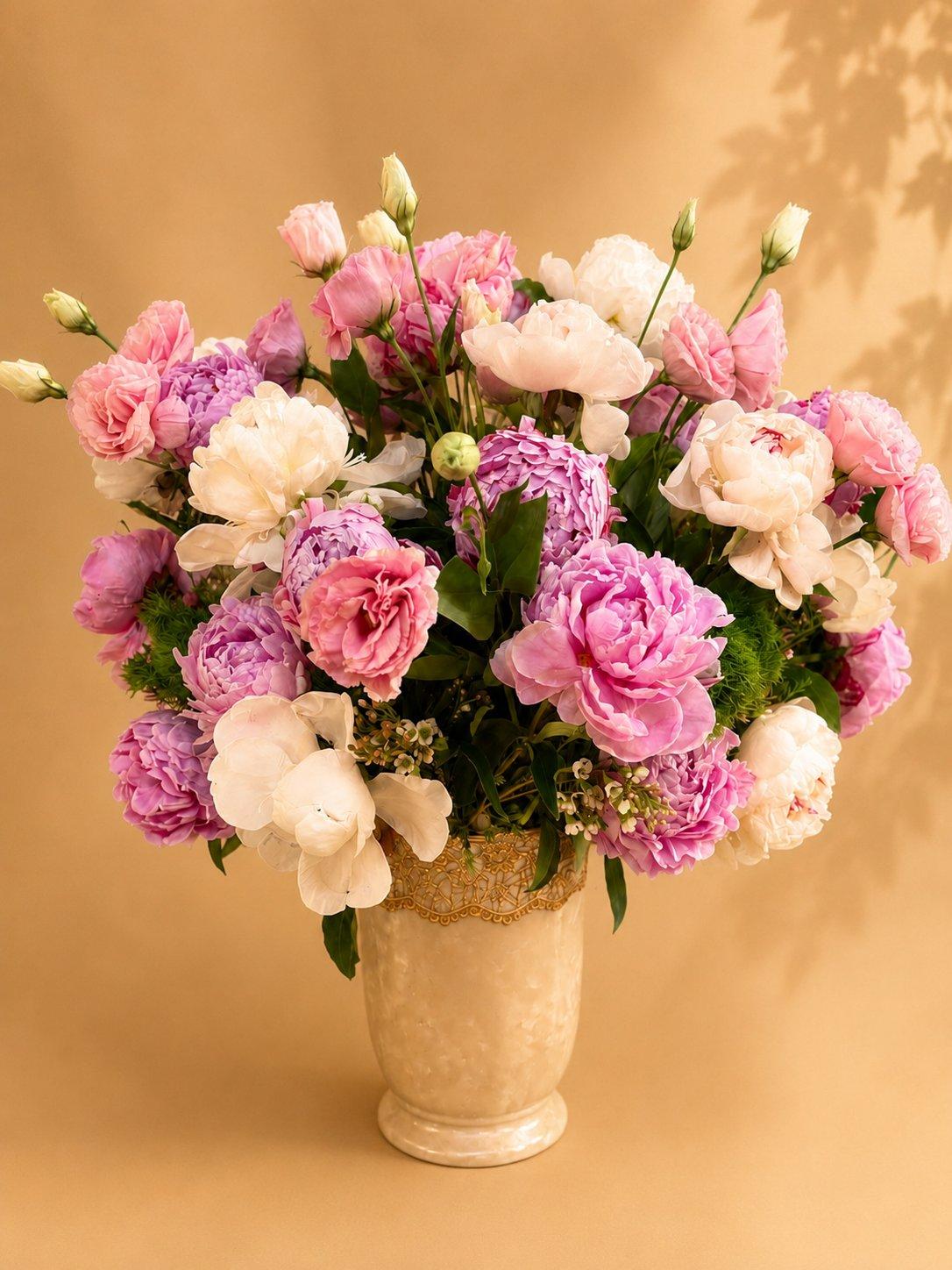 Pink and white lisianthus and rose arrangement in a stone vase
