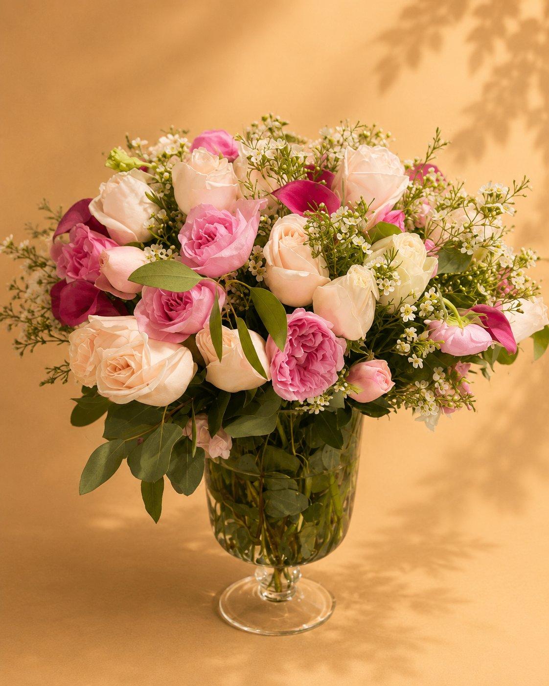 Garden-style pink and white rose vase arrangement