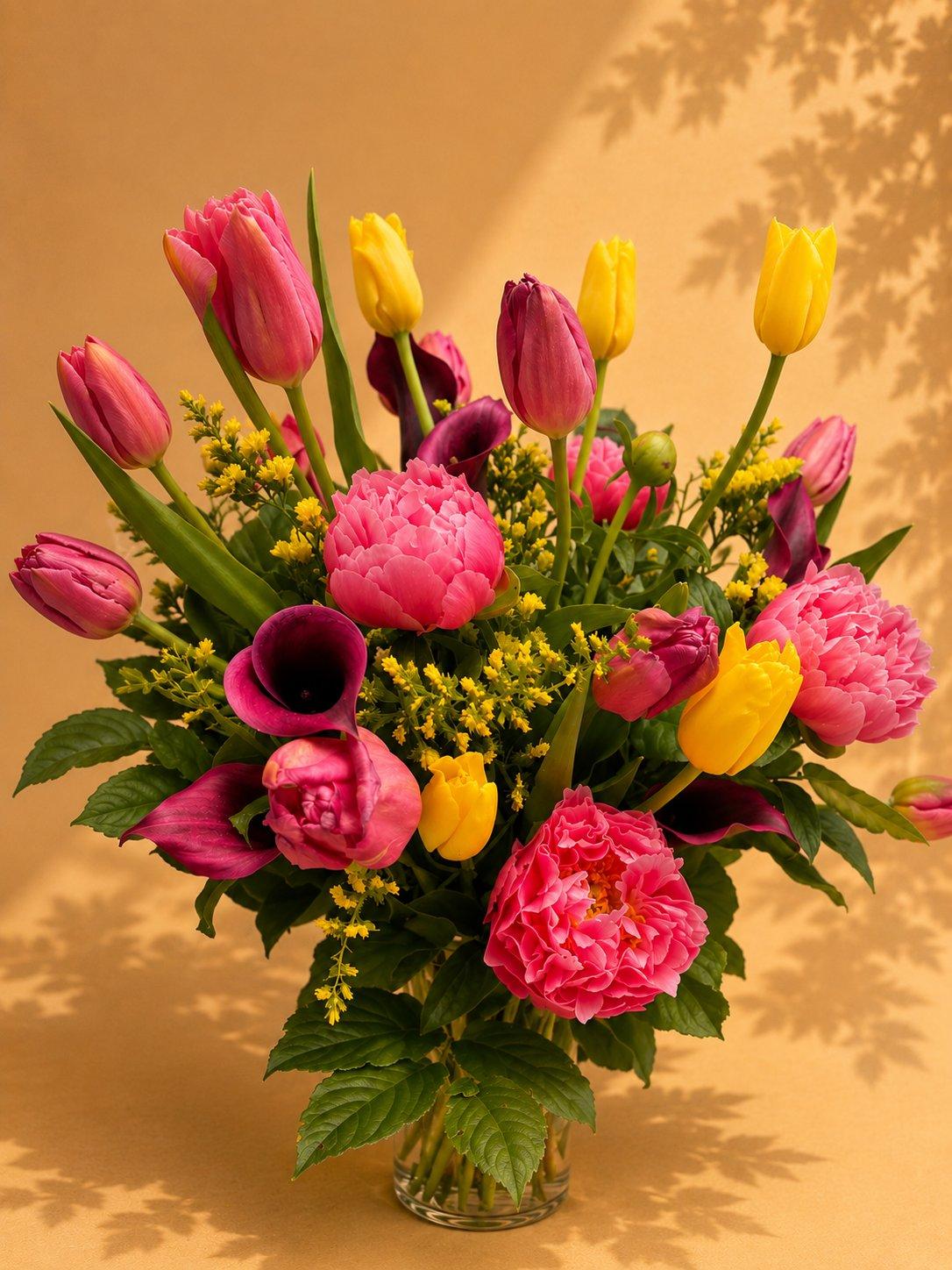 Pink and yellow tulip and peony vase arrangement