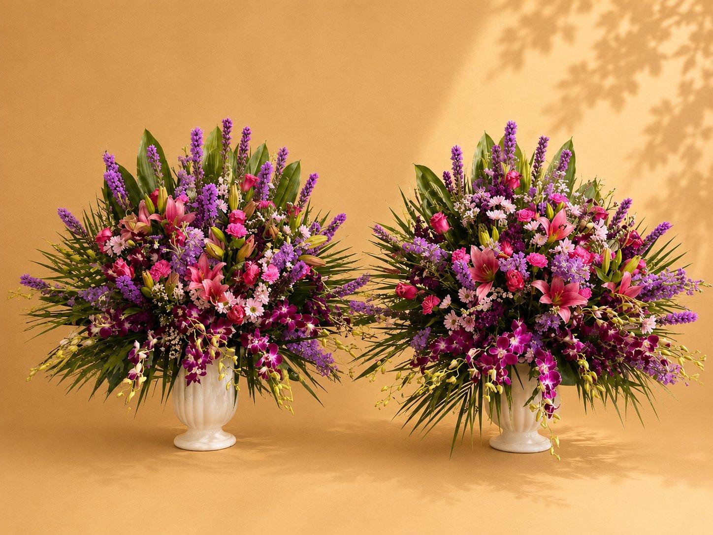 Pair of purple and pink wildflower arrangements in white urns