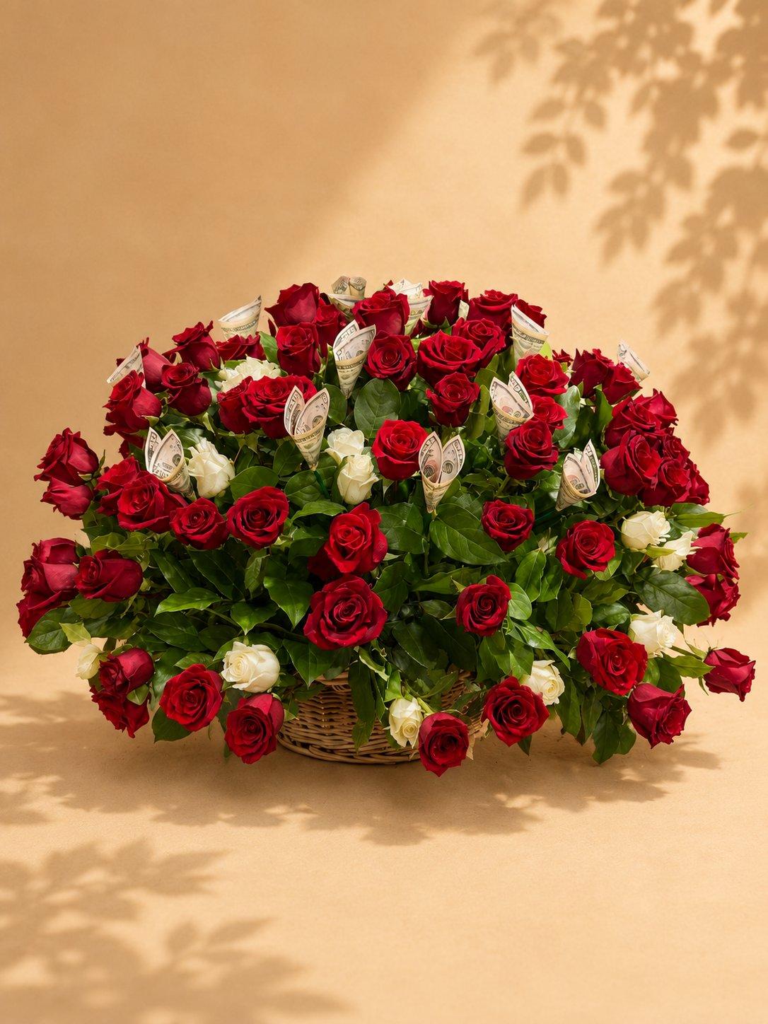 Low red and white rose centerpiece in a basket