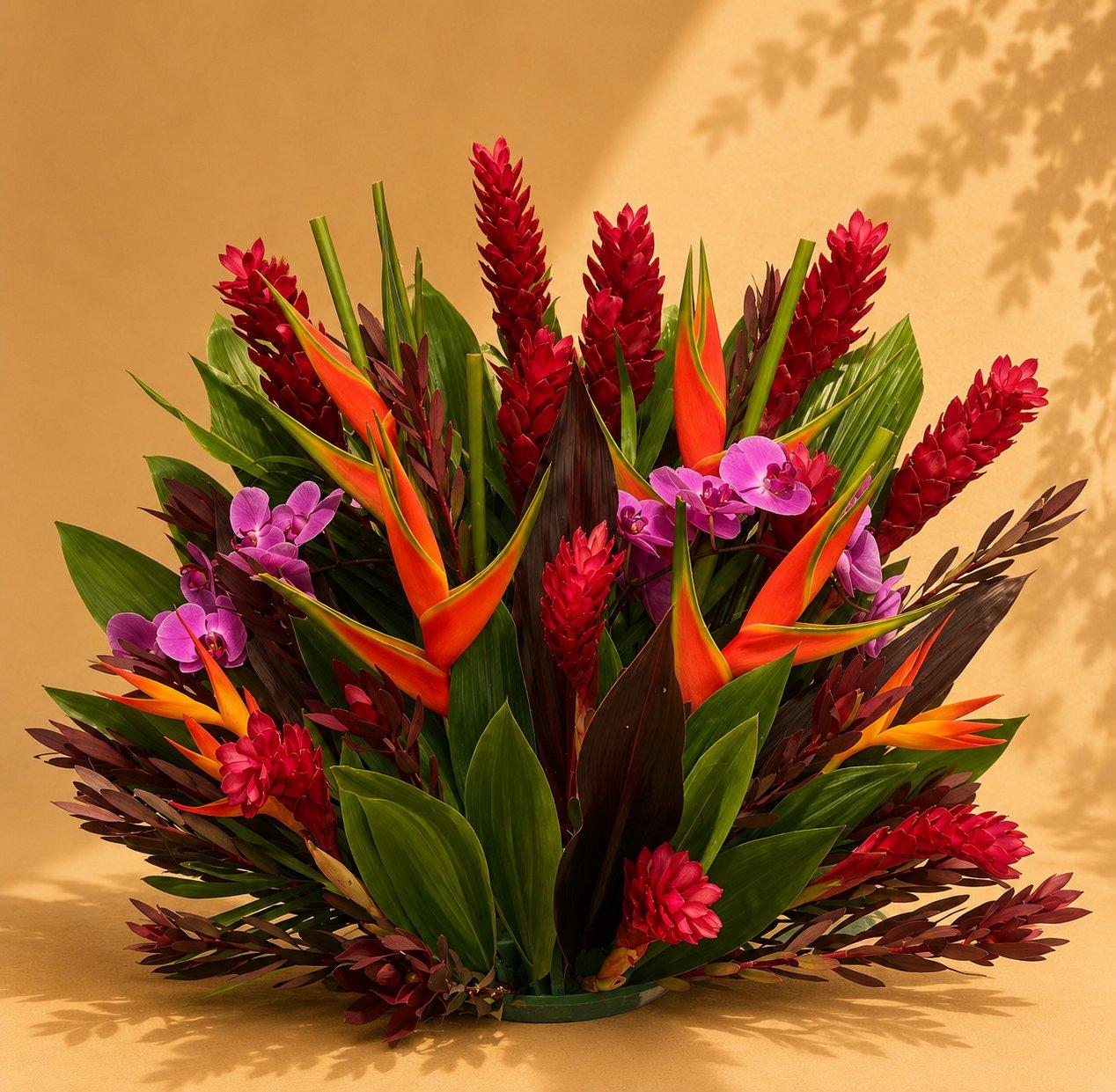 Tropical red ginger and orchid arrangement with tropical foliage