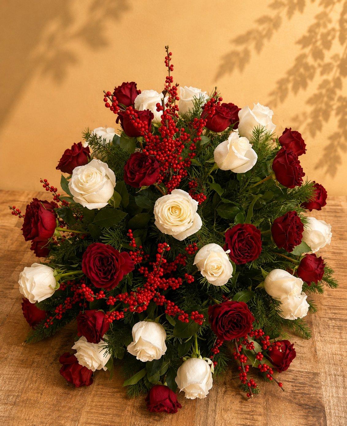 White and red rose arrangement with winterberry accents