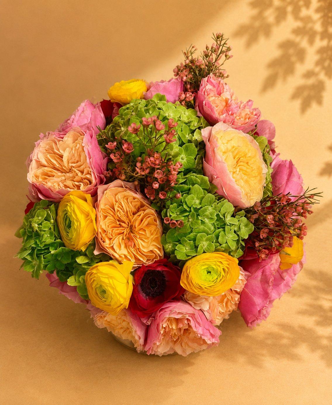 Yellow and orange ranunculus garden-style arrangement with green hydrangea