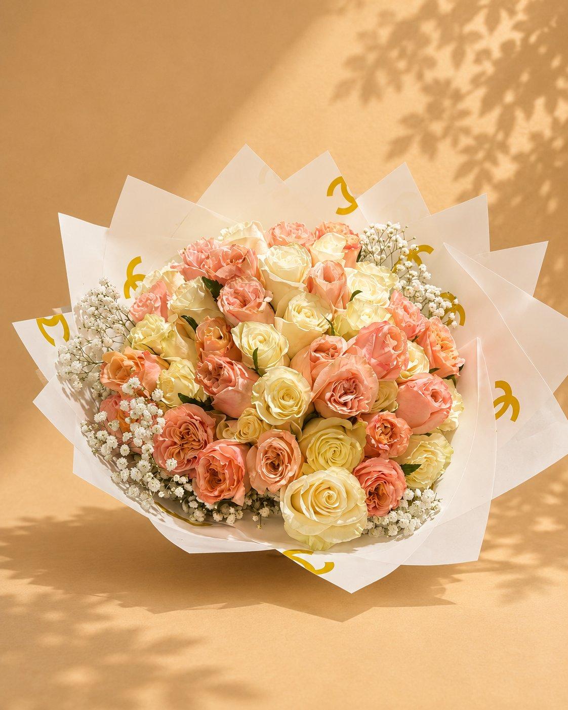 Peach and cream rose bouquet in a round hand-tied wrap