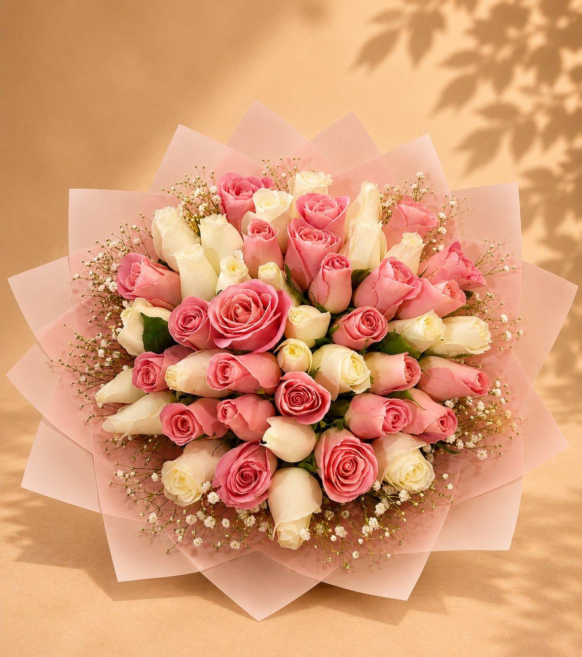 Pink and white rose bouquet wrapped in soft pink paper