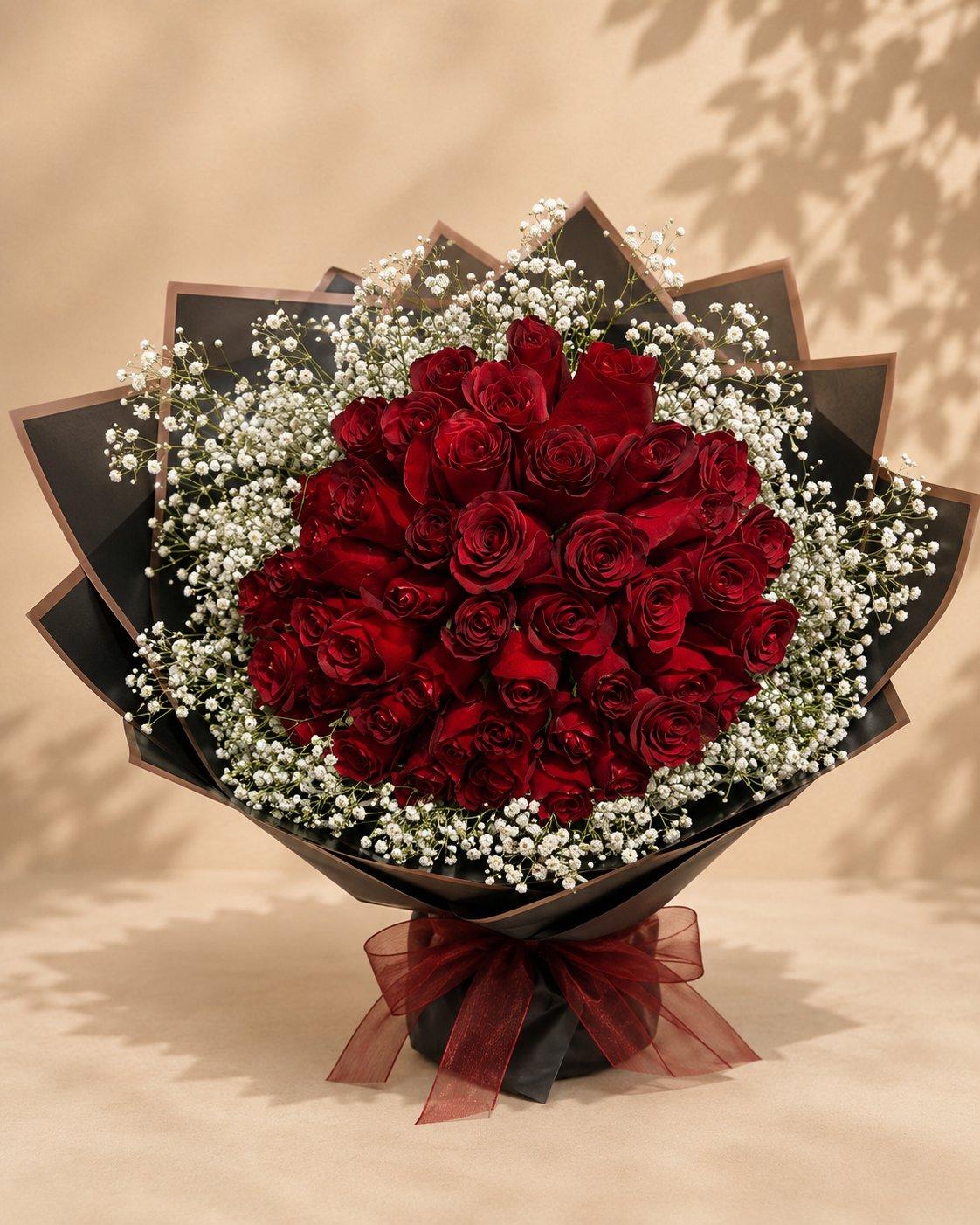 Red rose bouquet with baby's breath trim in black wrap