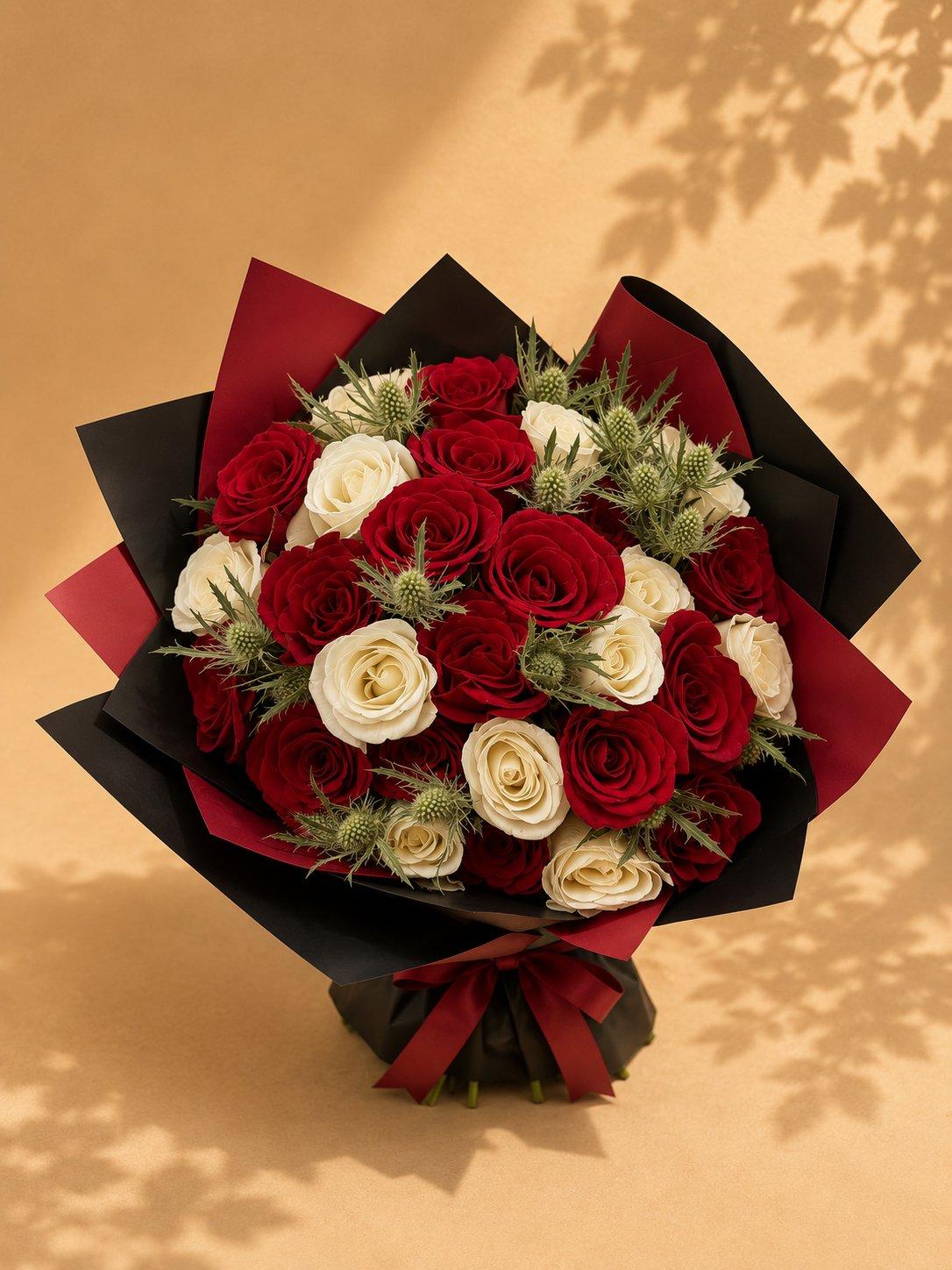 White and red rose bouquet in black wrap with a red ribbon