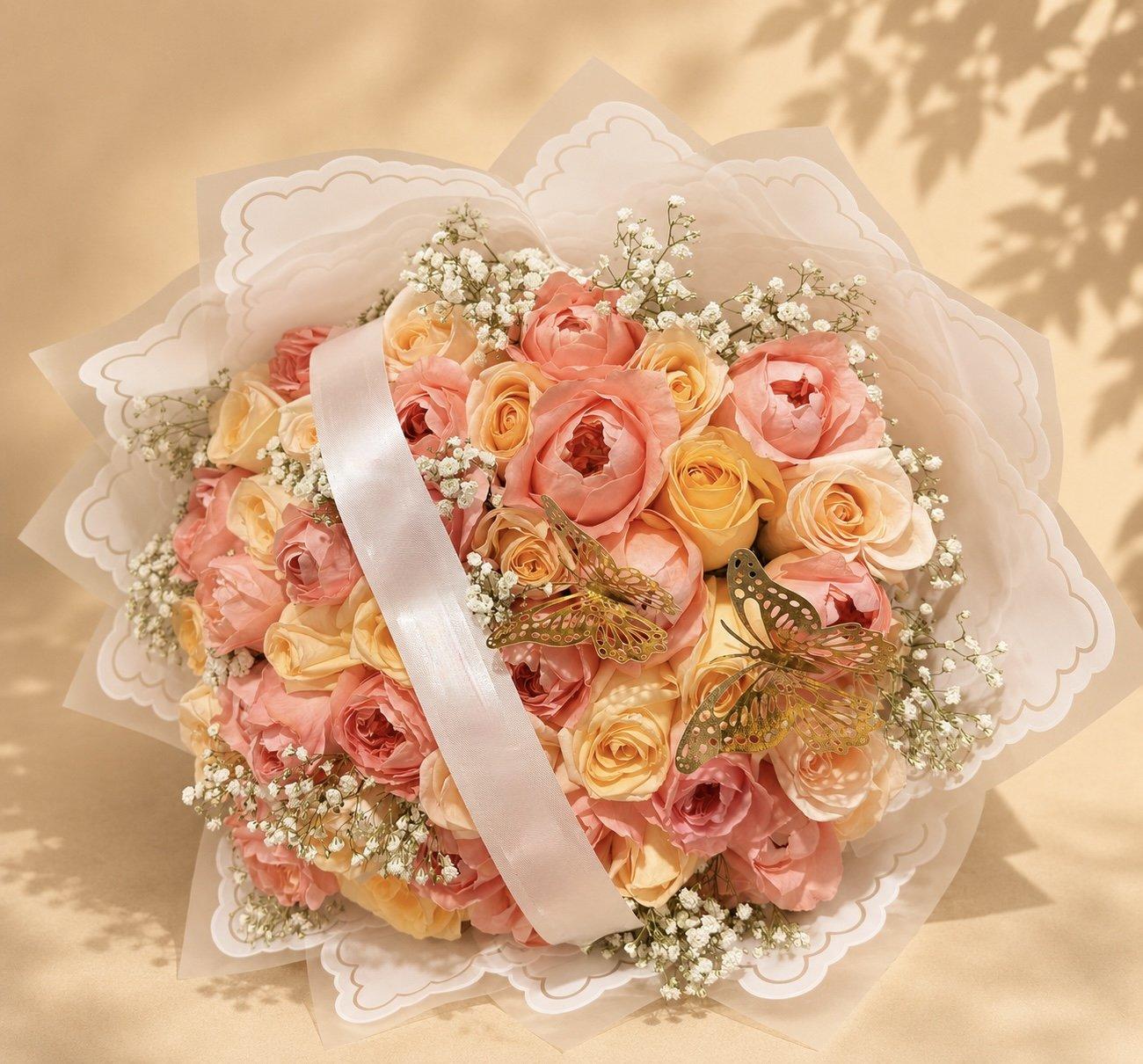 Peach and pink rose bouquet with a white ribbon