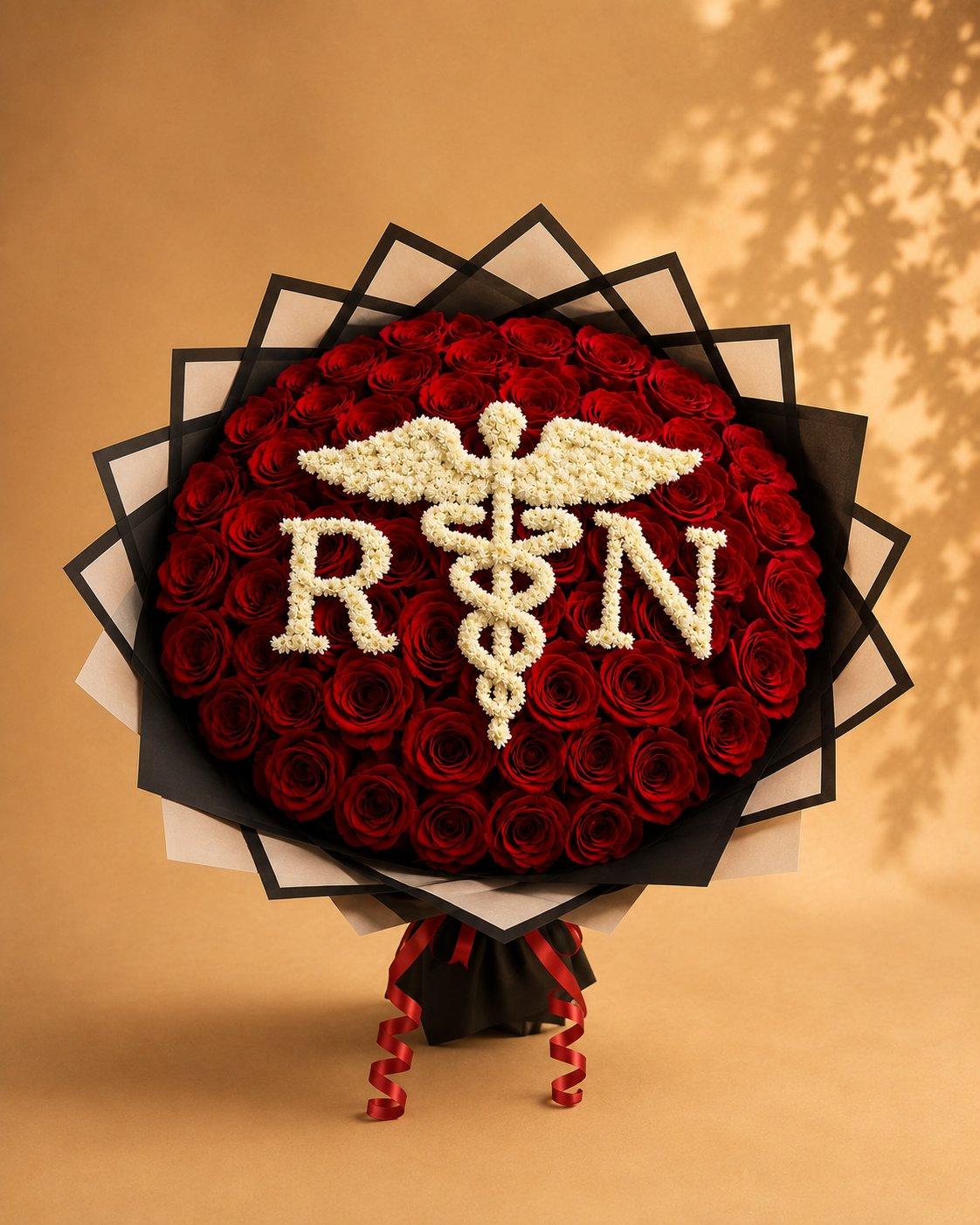 Red rose arrangement designed as an RN nurse graduation tribute
