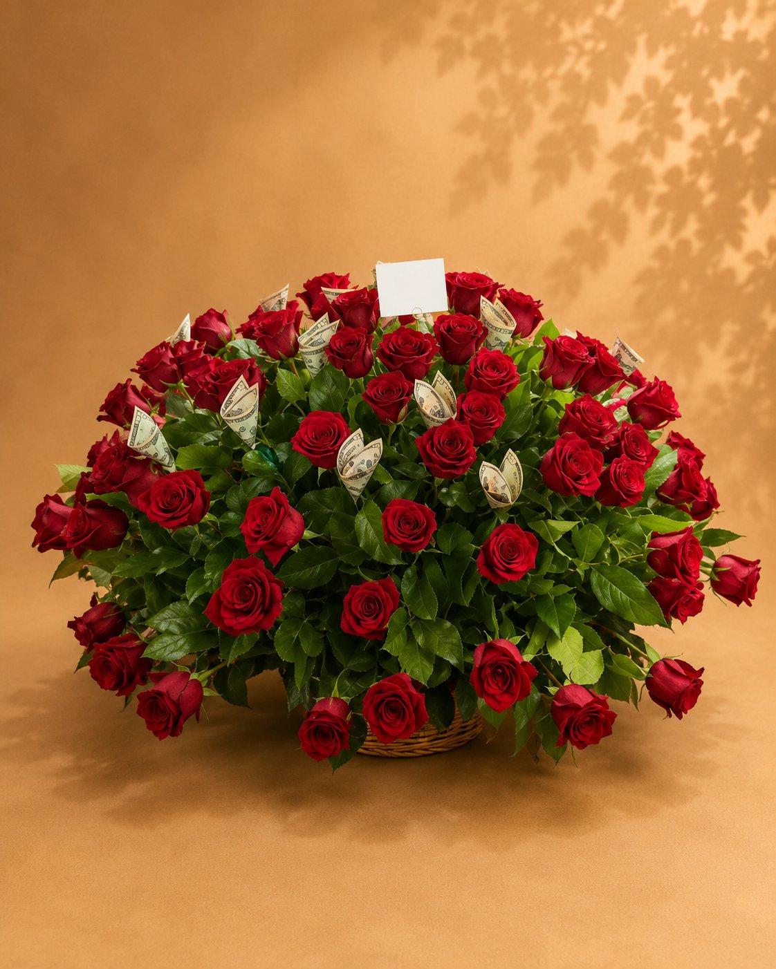 Red and white rose basket arrangement with greenery