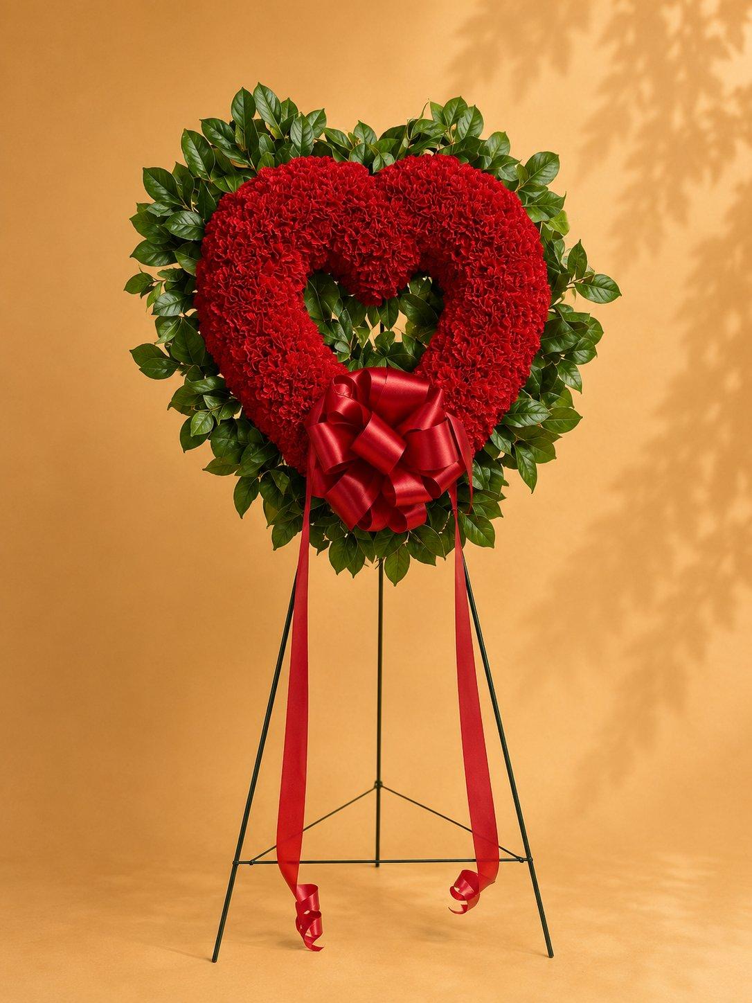 Red heart-shaped sympathy tribute with a red bow