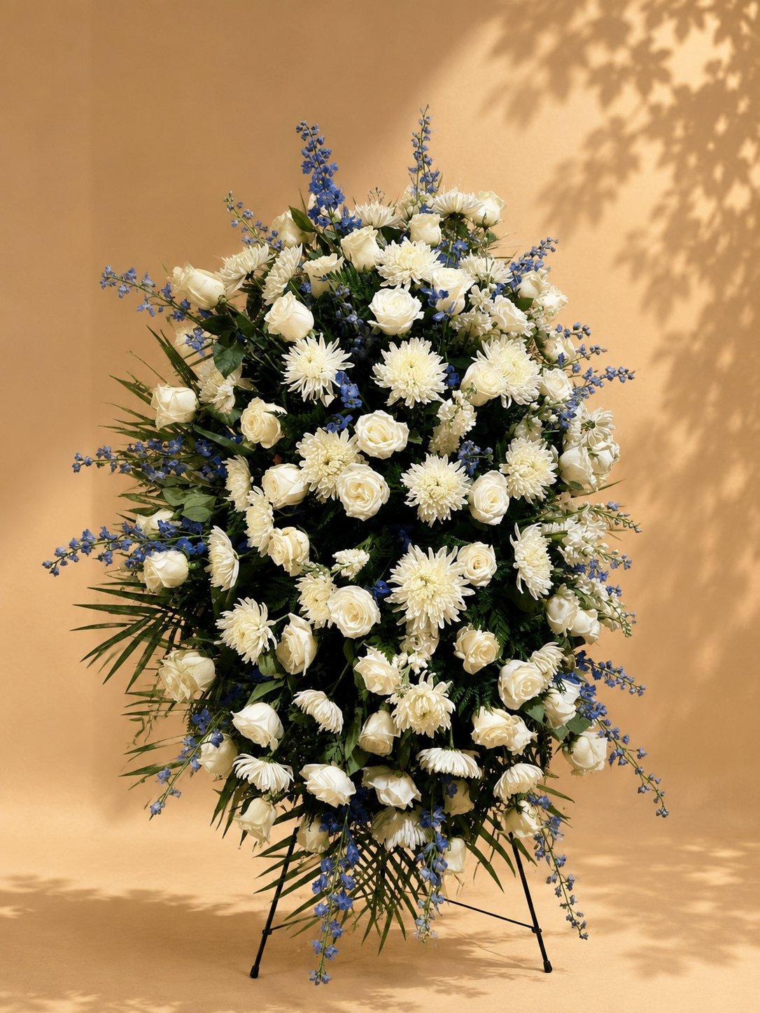 White standing spray with blue accents on an easel stand