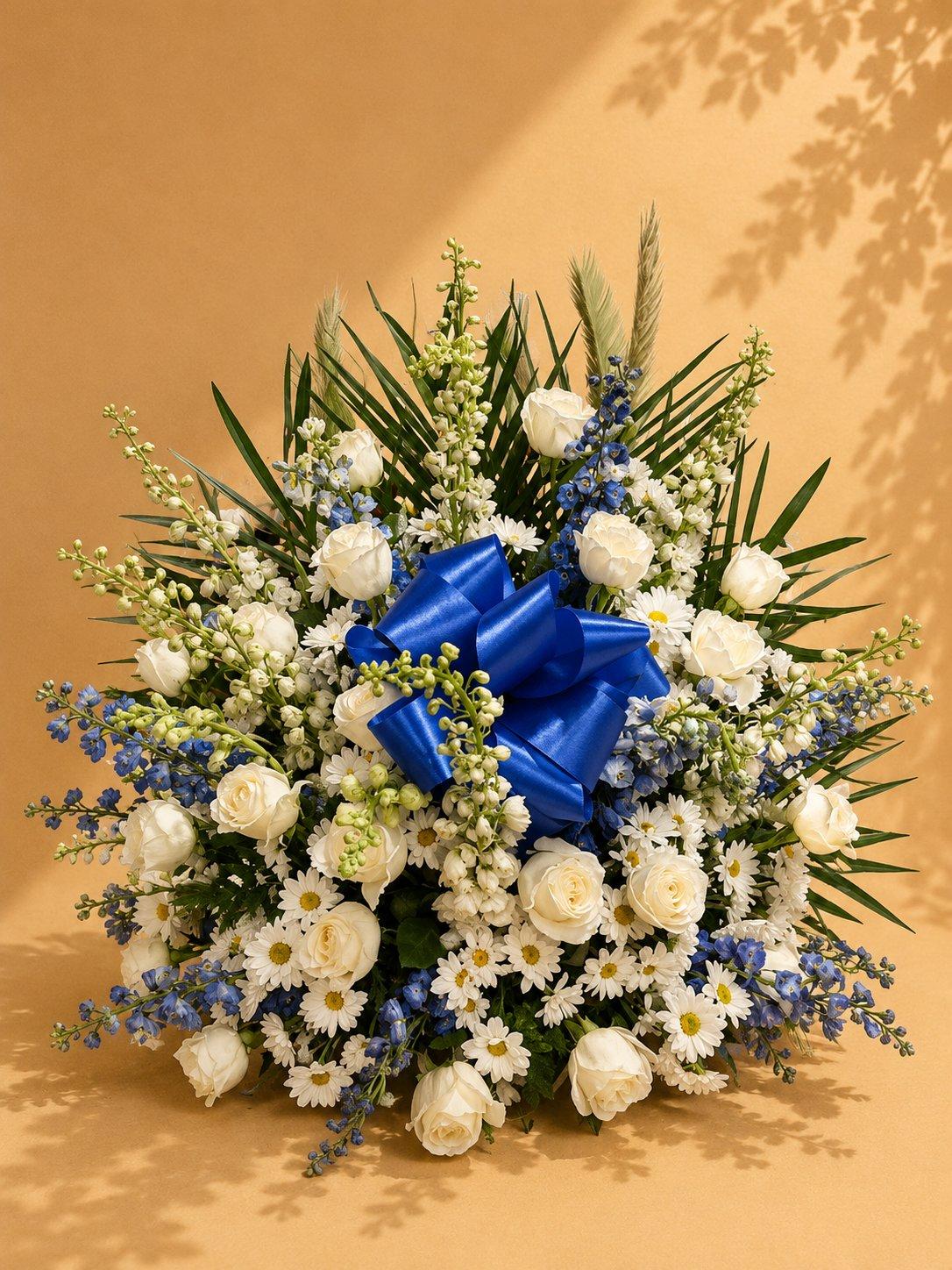 White and blue tribute arrangement with a blue bow