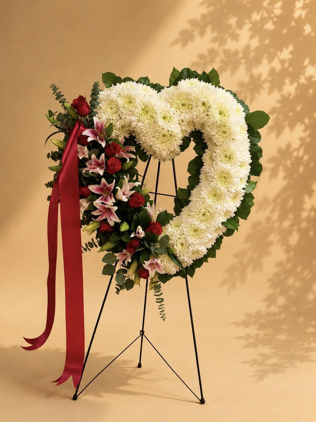 White heart tribute wreath with red flower accents and red ribbon