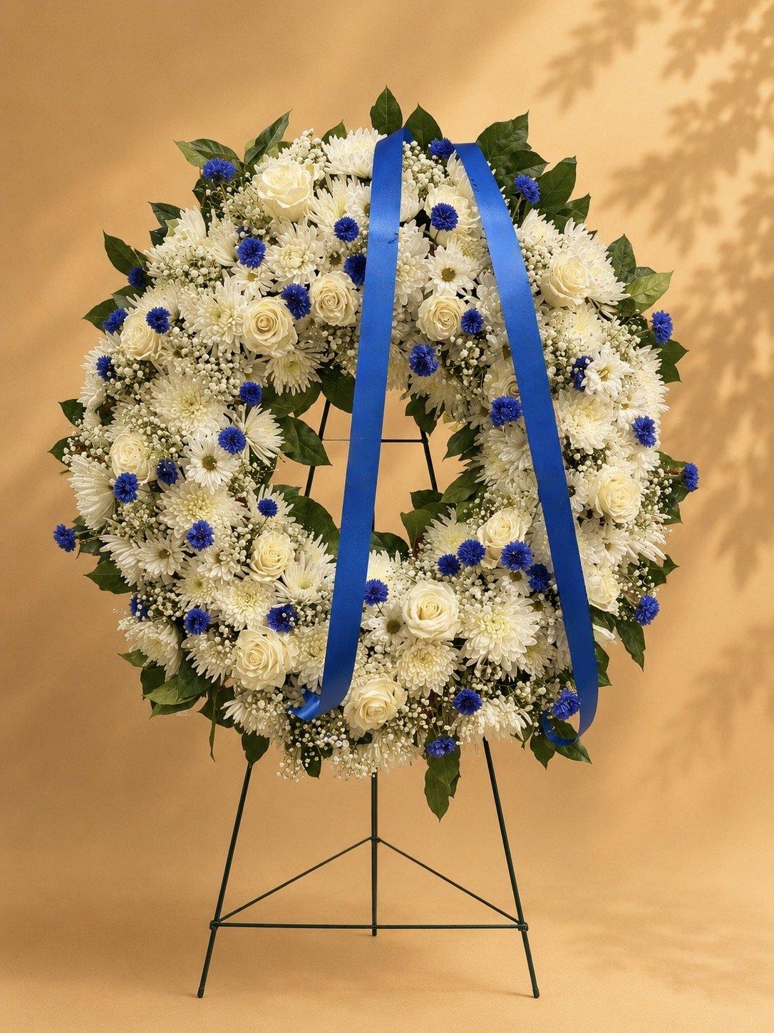 White sympathy wreath with a blue ribbon